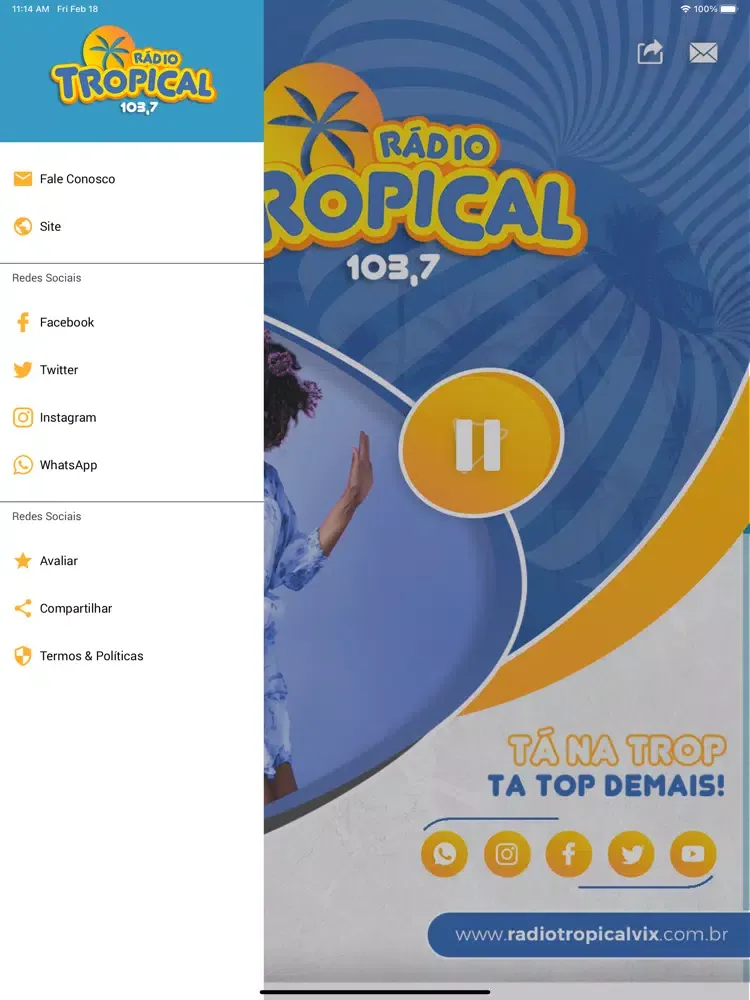 Tangkapan skrin Rádio Tropical Vix. iPad 