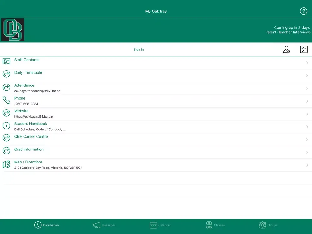 Ảnh chụp màn hình của My Oak Bay iPad 
