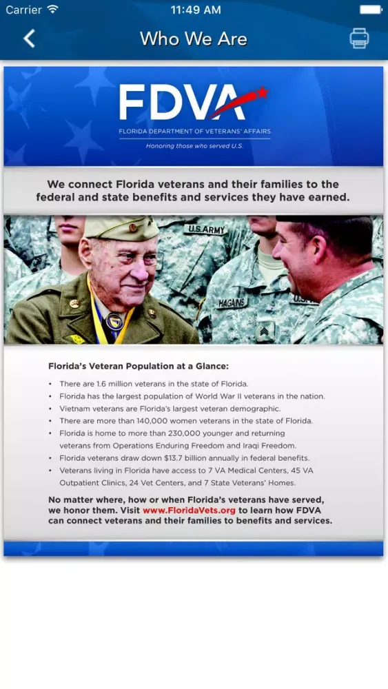 Capturas de tela do Florida Department of Veterans' Affairs