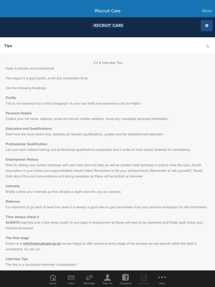 Tangkapan skrin iRecruit Care iPad 