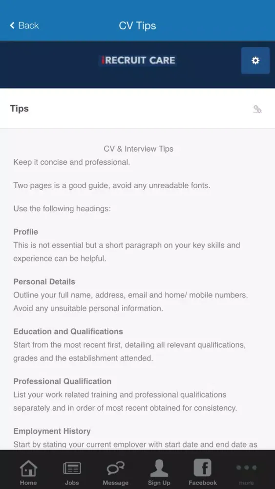 Tangkapan skrin iRecruit Care