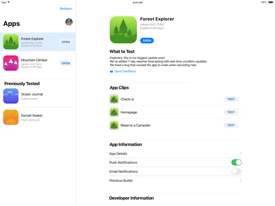 Screenshot di TestFlight iPad 