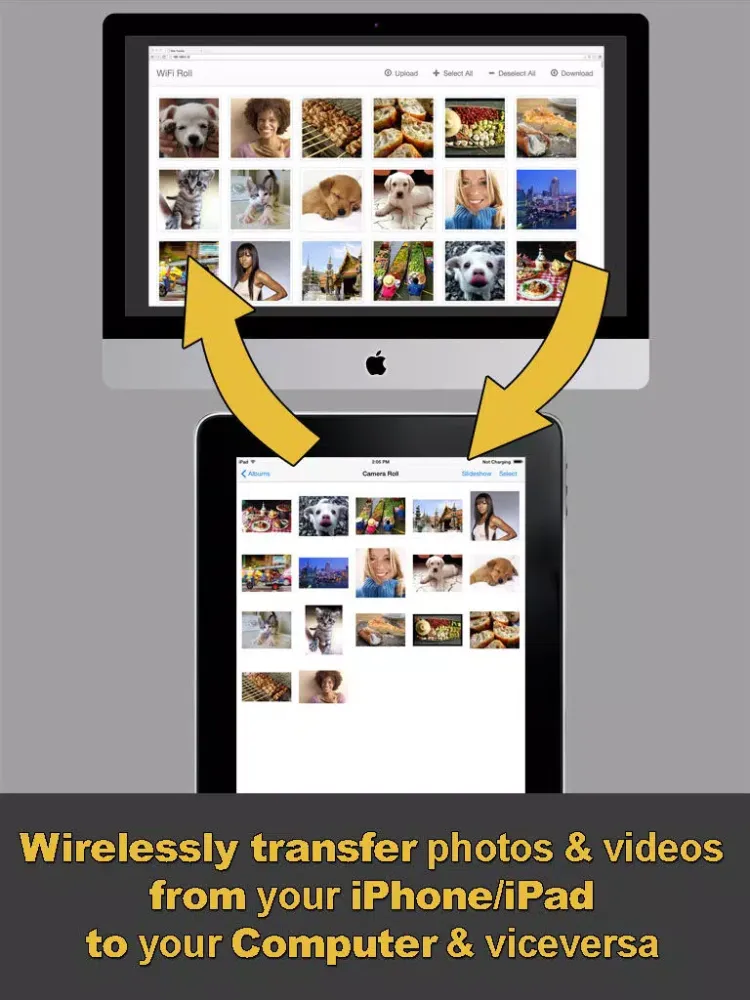Tangkapan layar WiFi Roll (wireless photo and video transfer, Photo Transfer, PhotoSync) iPad 