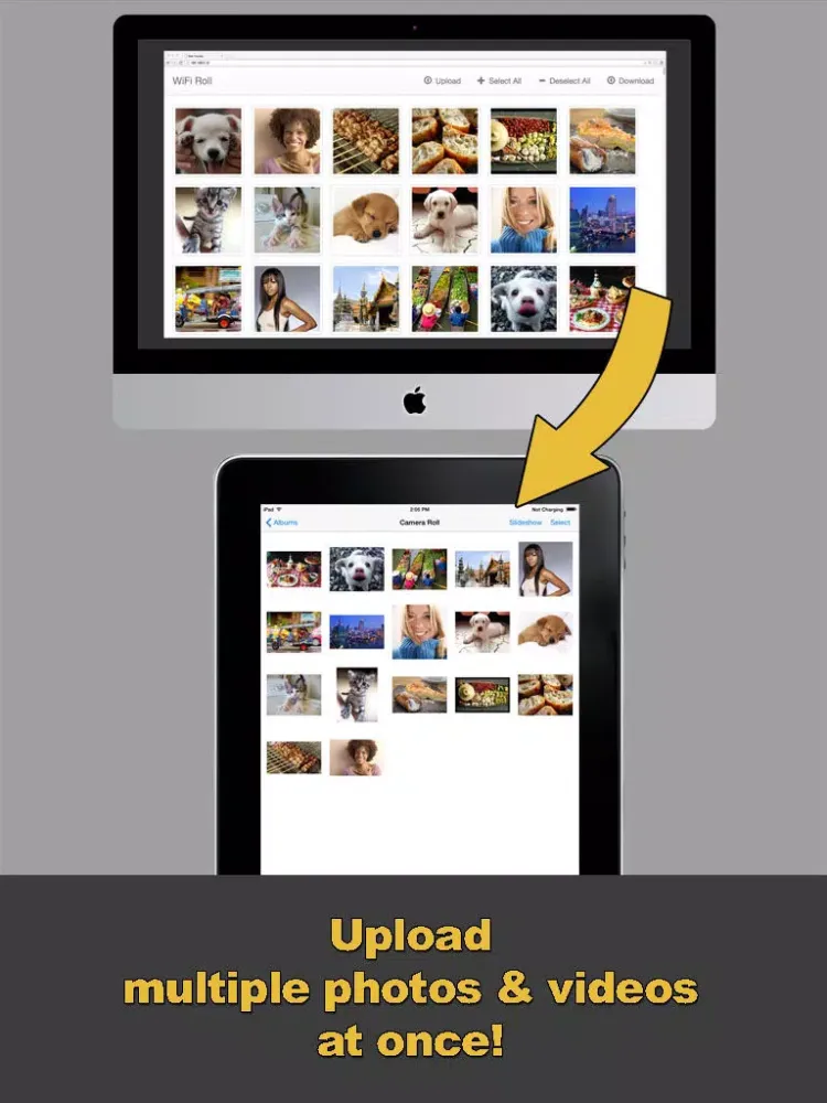 Tangkapan layar WiFi Roll (wireless photo and video transfer, Photo Transfer, PhotoSync) iPad 