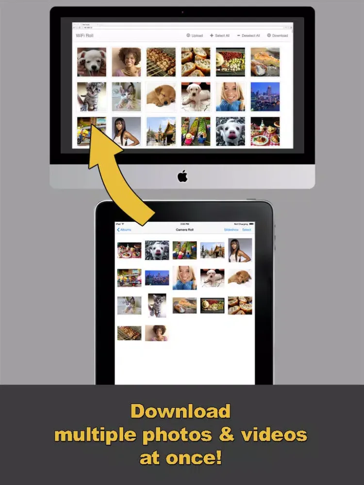 Tangkapan layar WiFi Roll (wireless photo and video transfer, Photo Transfer, PhotoSync) iPad 