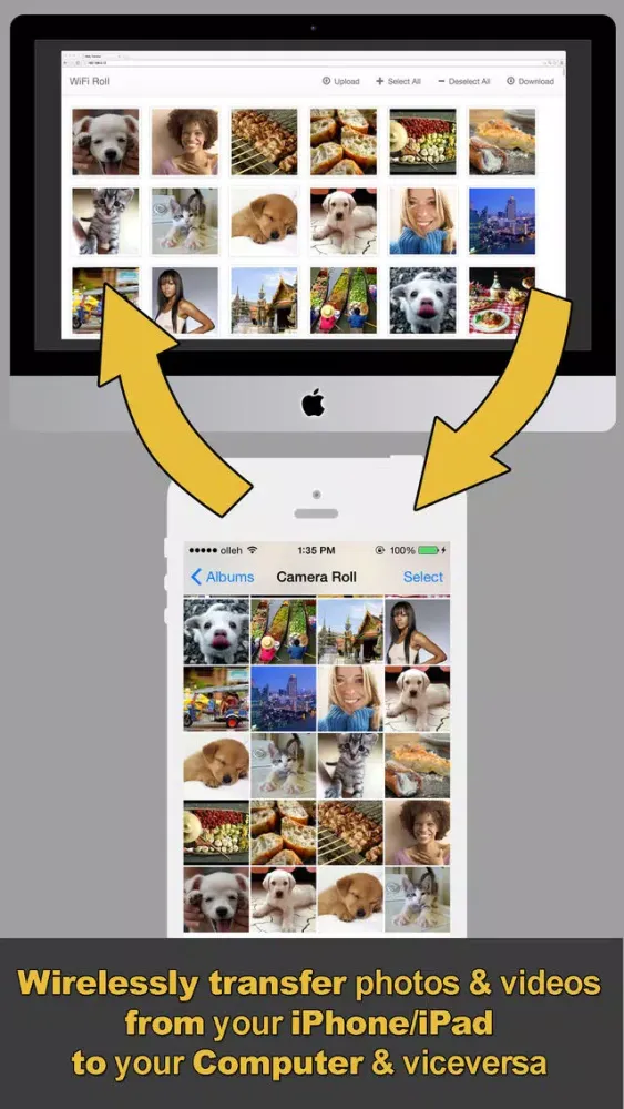Tangkapan layar WiFi Roll (wireless photo and video transfer, Photo Transfer, PhotoSync)