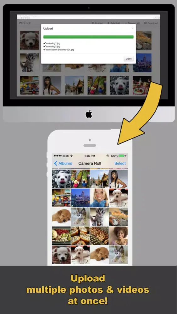 Tangkapan layar WiFi Roll (wireless photo and video transfer, Photo Transfer, PhotoSync)