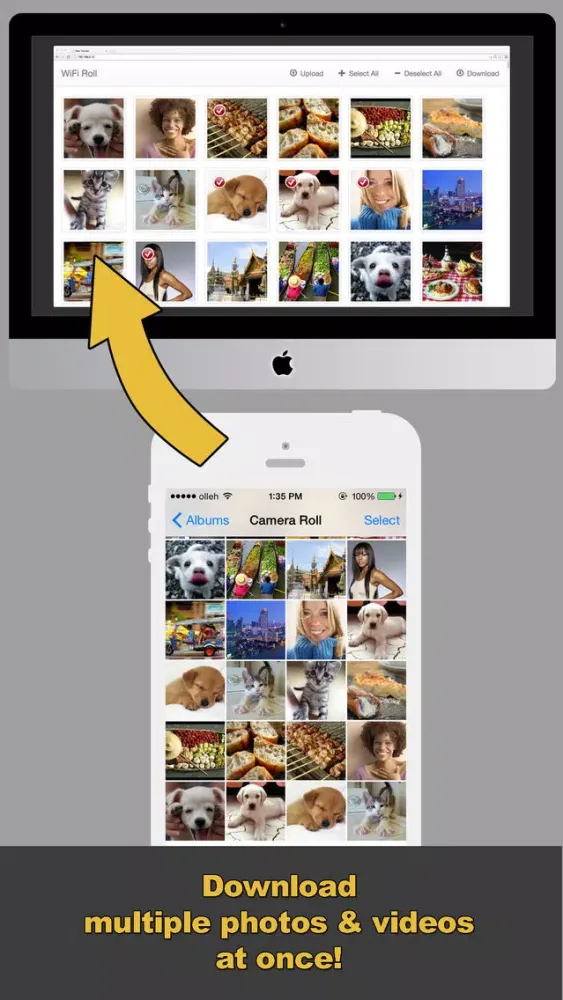 Tangkapan layar WiFi Roll (wireless photo and video transfer, Photo Transfer, PhotoSync)