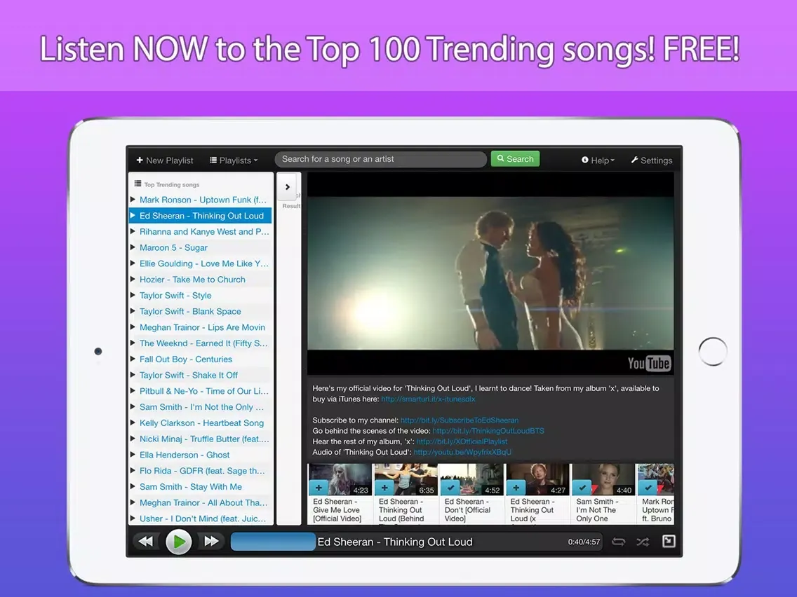 Tangkapan skrin StereoTube Music Player for YouTube & VEVO! Stream playlists of free mp3 songs & videos! iPad 