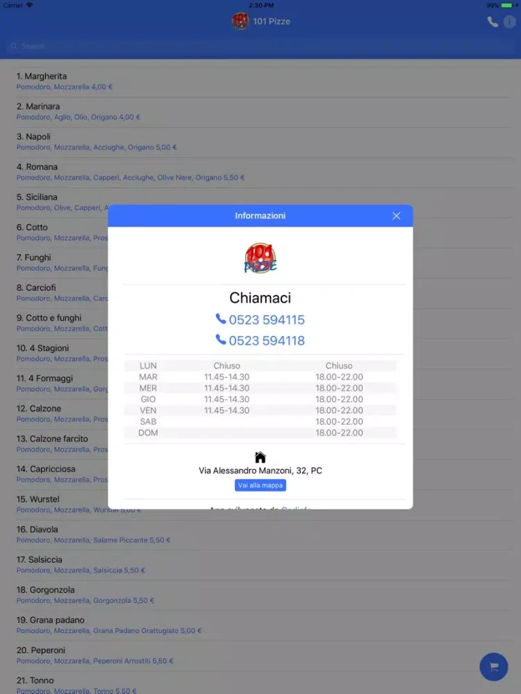 Zrzuty ekranu 101 Pizze Piacenza iPad 