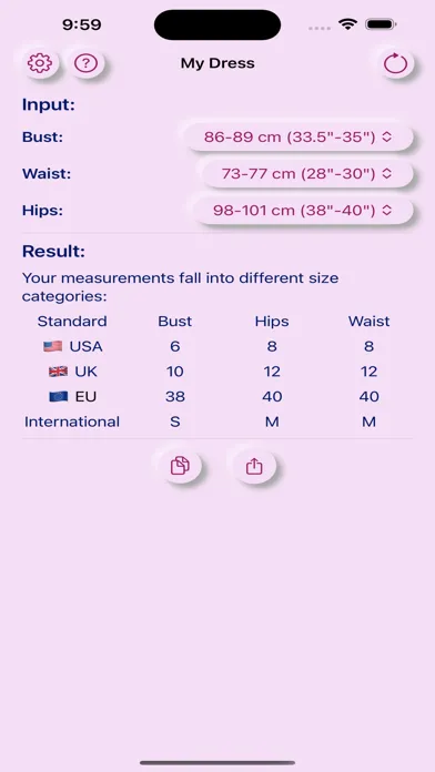 Zrzuty ekranu My Dress:Dress Size Calculator