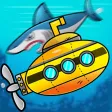 Submarine shooting shark in underwater adventure