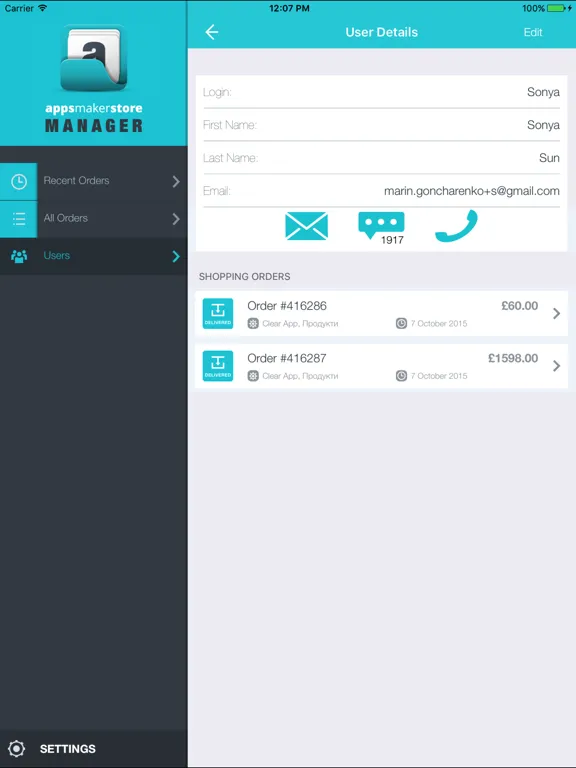 Tangkapan layar Appsmakerstore Order Manager® iPad 