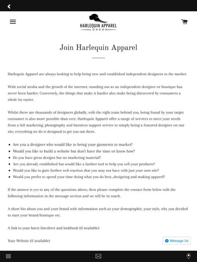 Harlequin Apparel iPad  Screenshots