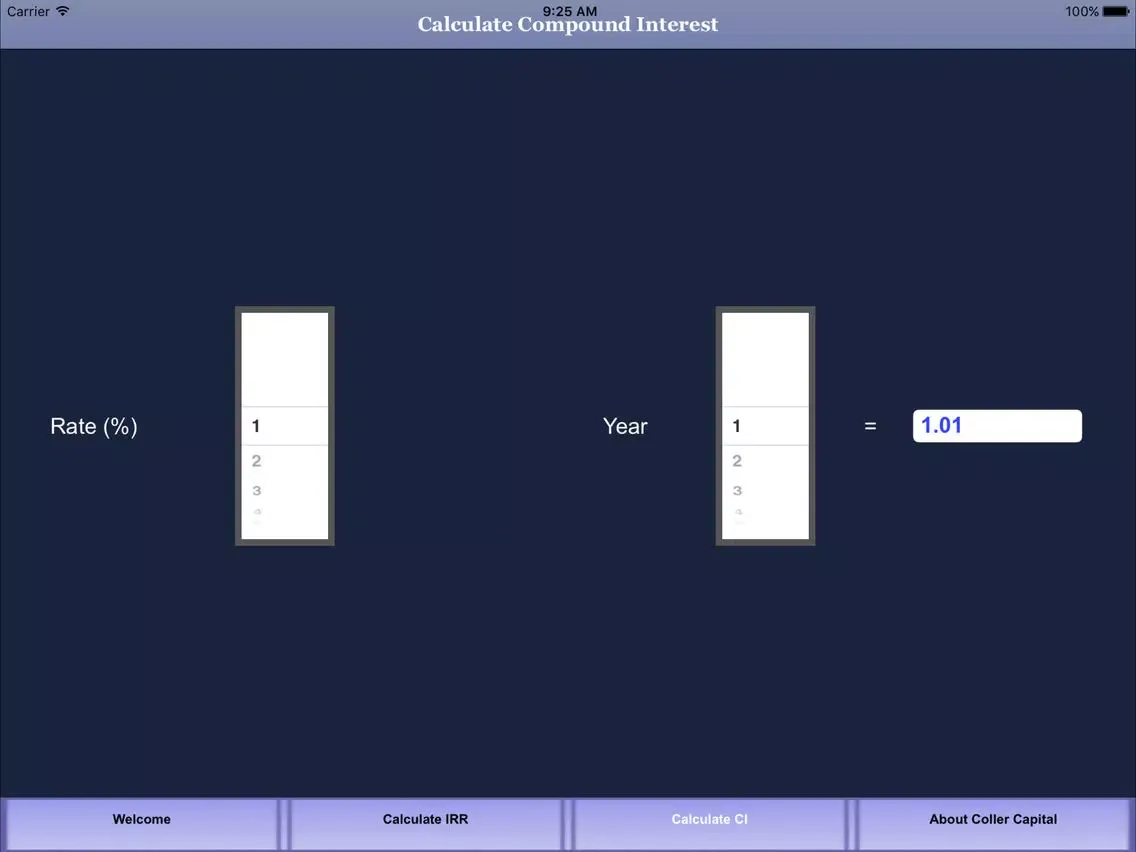 Ảnh chụp màn hình của Coller Capital IRR Calculator App iPad 