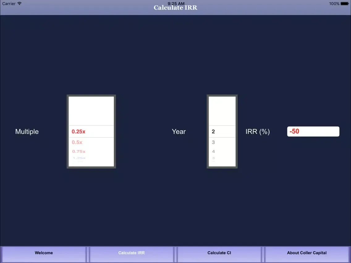 Ảnh chụp màn hình của Coller Capital IRR Calculator App iPad 