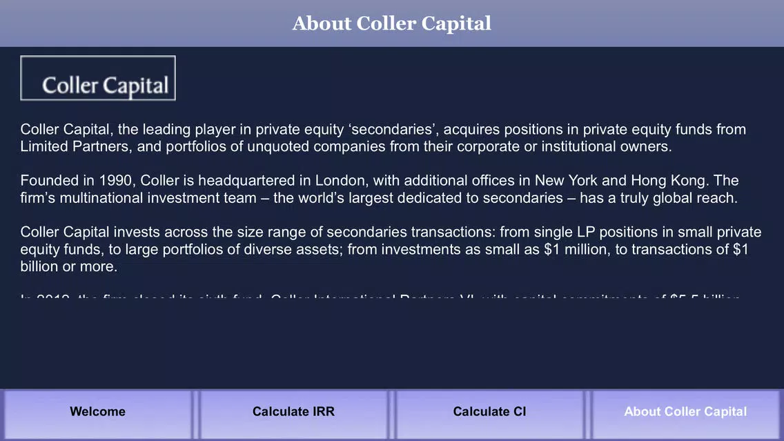 Coller Capital IRR Calculator App Screenshots