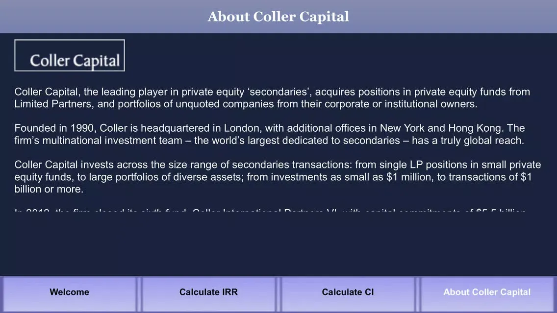 Ảnh chụp màn hình của Coller Capital IRR Calculator App