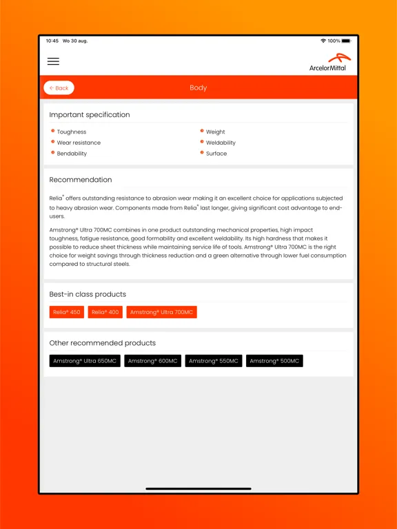 Zrzuty ekranu ArcelorMittal EU Steel Advisor iPad 