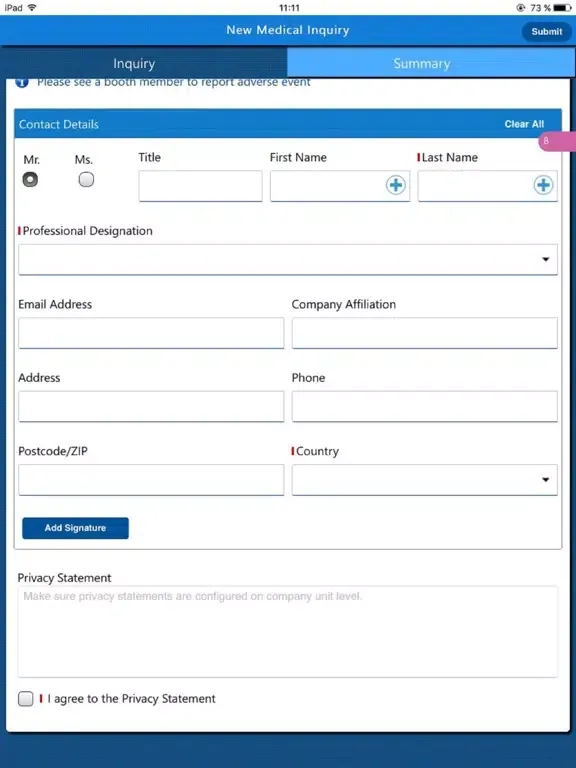 Ảnh chụp màn hình của Medinfo Intake App iPad 