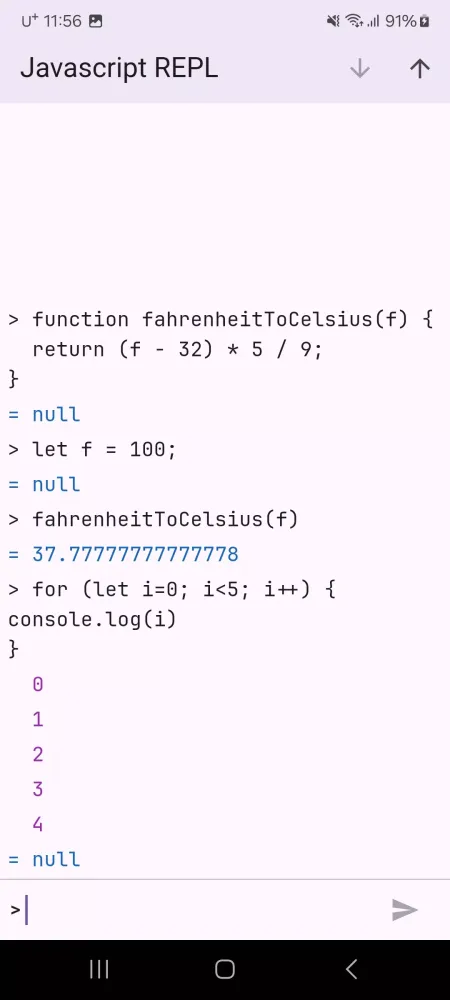 Tangkapan skrin Javascript REPL