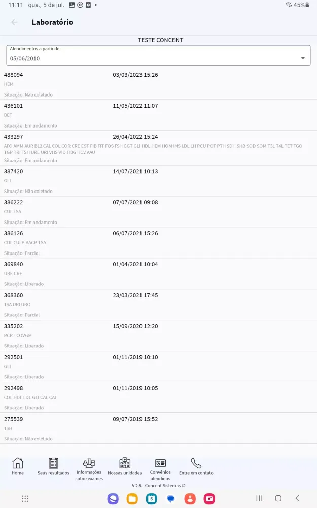 Tangkapan skrin Laboratório Pronto Analise