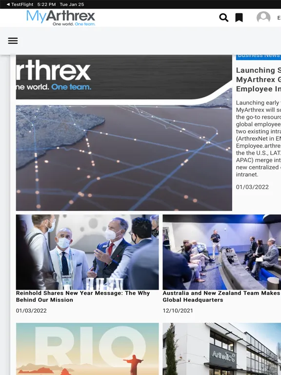 Ảnh chụp màn hình của MyArthrex Intranet iPad 