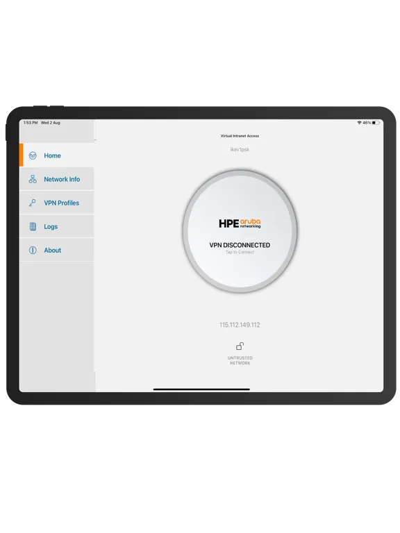 Ảnh chụp màn hình của HPE Virtual Intranet Access iPad 