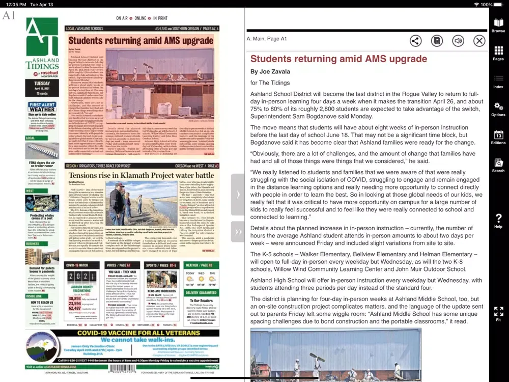 Tangkapan skrin Ashland Tidings eEdition iPad 