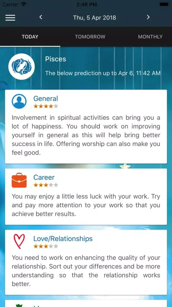 Captures d'écran de Pisces Horoscope