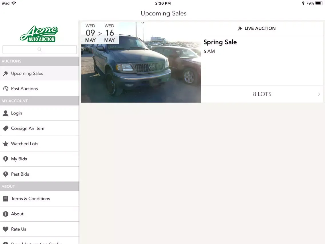 Ảnh chụp màn hình của Acme Auto Auction iPad 