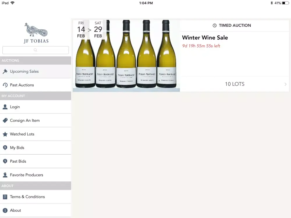 Capturas de tela do JFT Auctions iPad 
