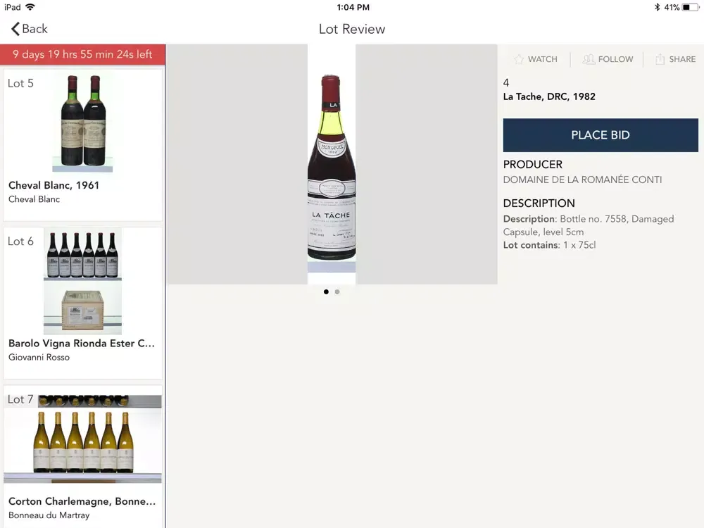 Capturas de tela do JFT Auctions iPad 
