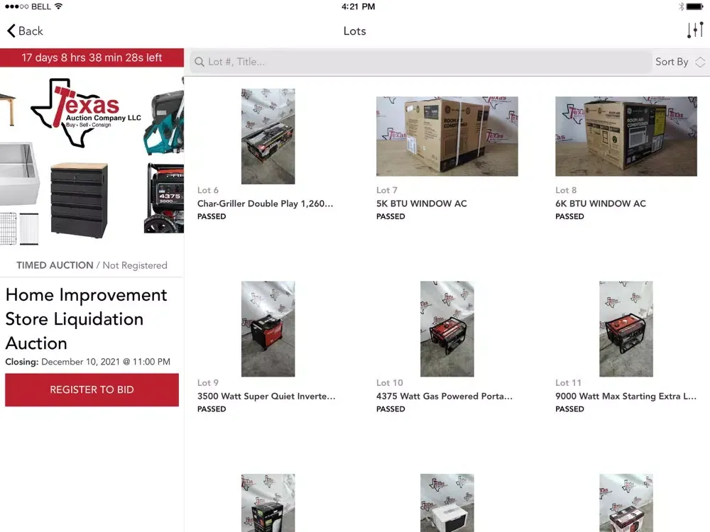 Tangkapan skrin Texas Auction Company iPad 