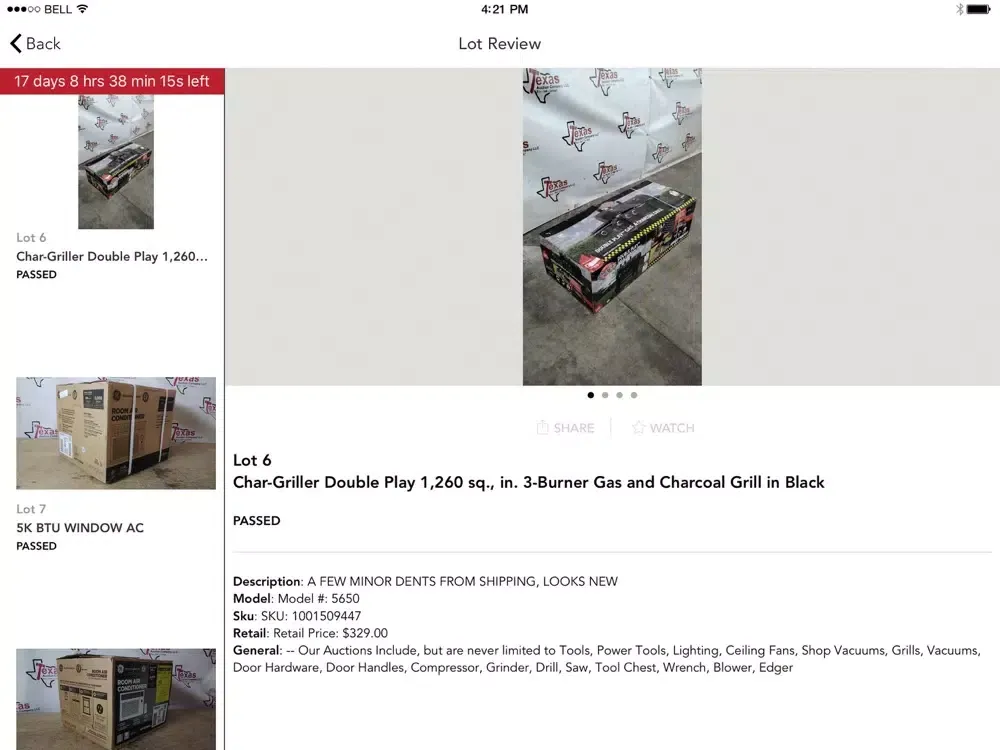 Tangkapan skrin Texas Auction Company iPad 