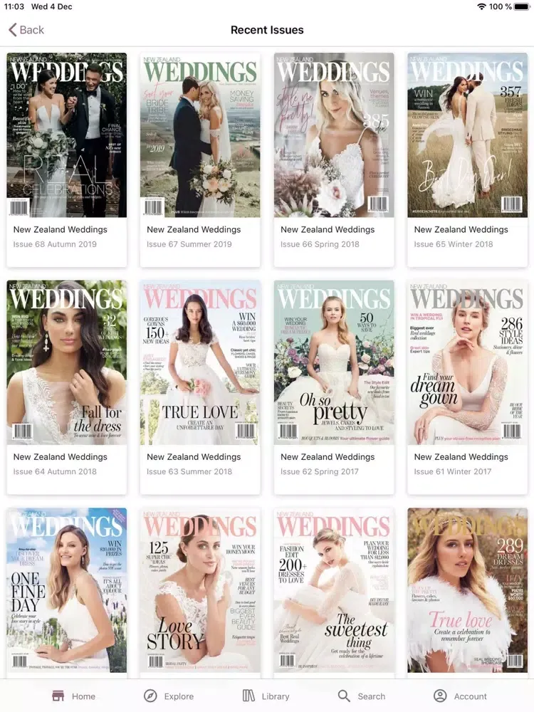 Tangkapan layar NZ Weddings Magazine iPad 