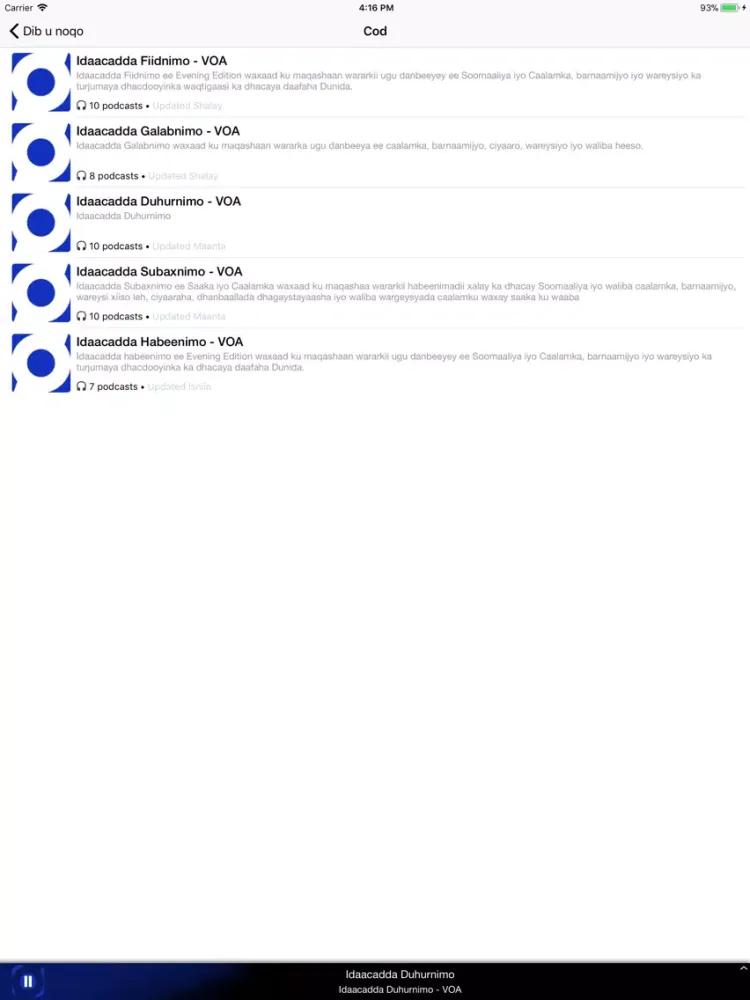 Capturas de tela do VOA Somali iPad 