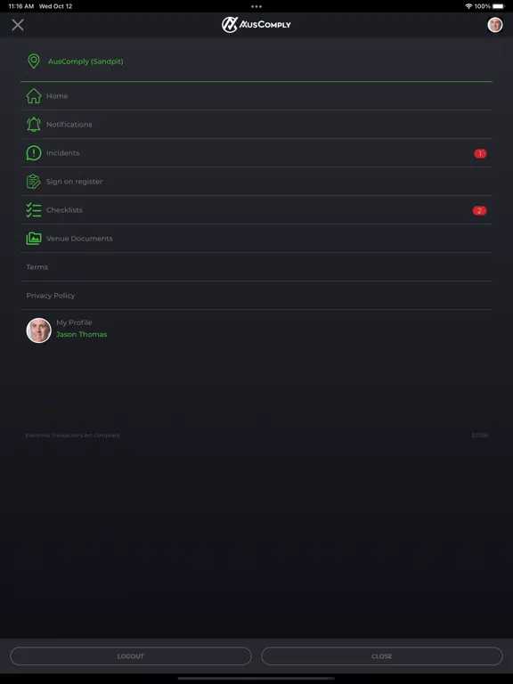 Tangkapan layar AusComply - Digital Compliance iPad
