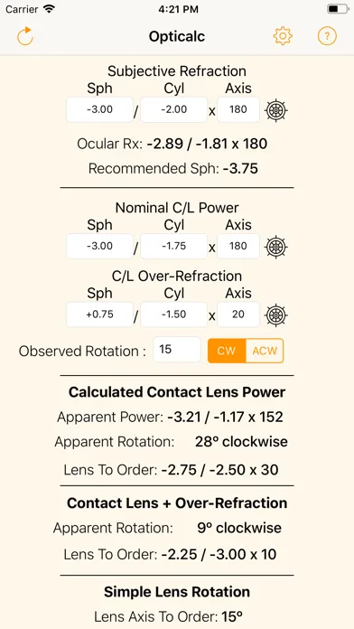 Opticalc Contact Lens Calc Screenshots