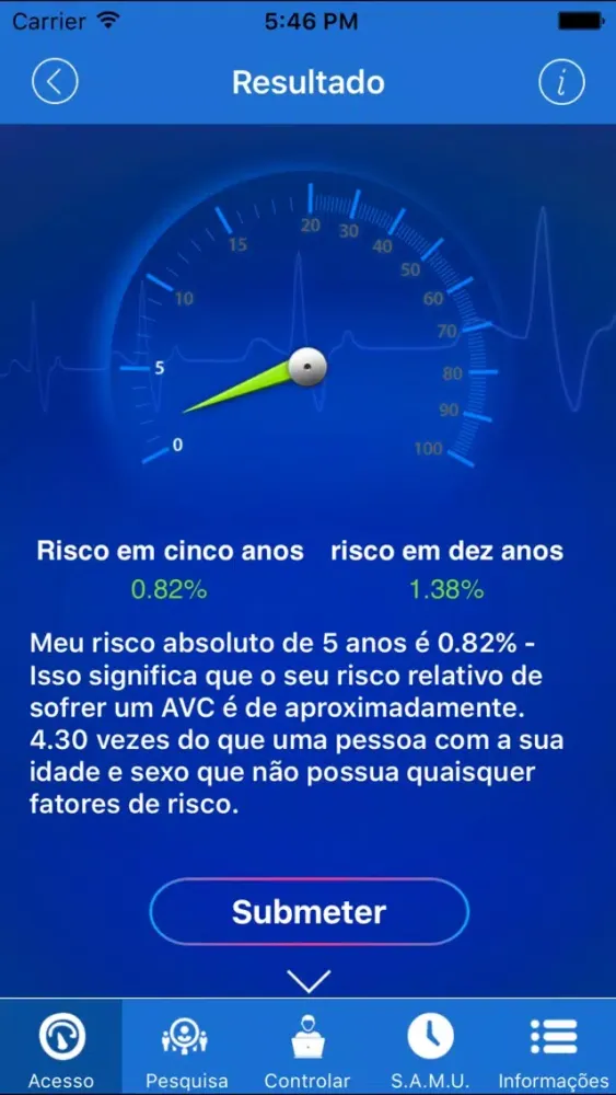 Capturas de tela do Riscometro de AVC