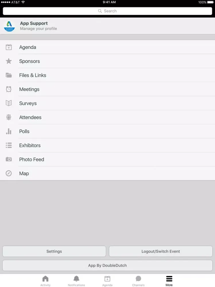 Tangkapan layar AU International Events iPad 