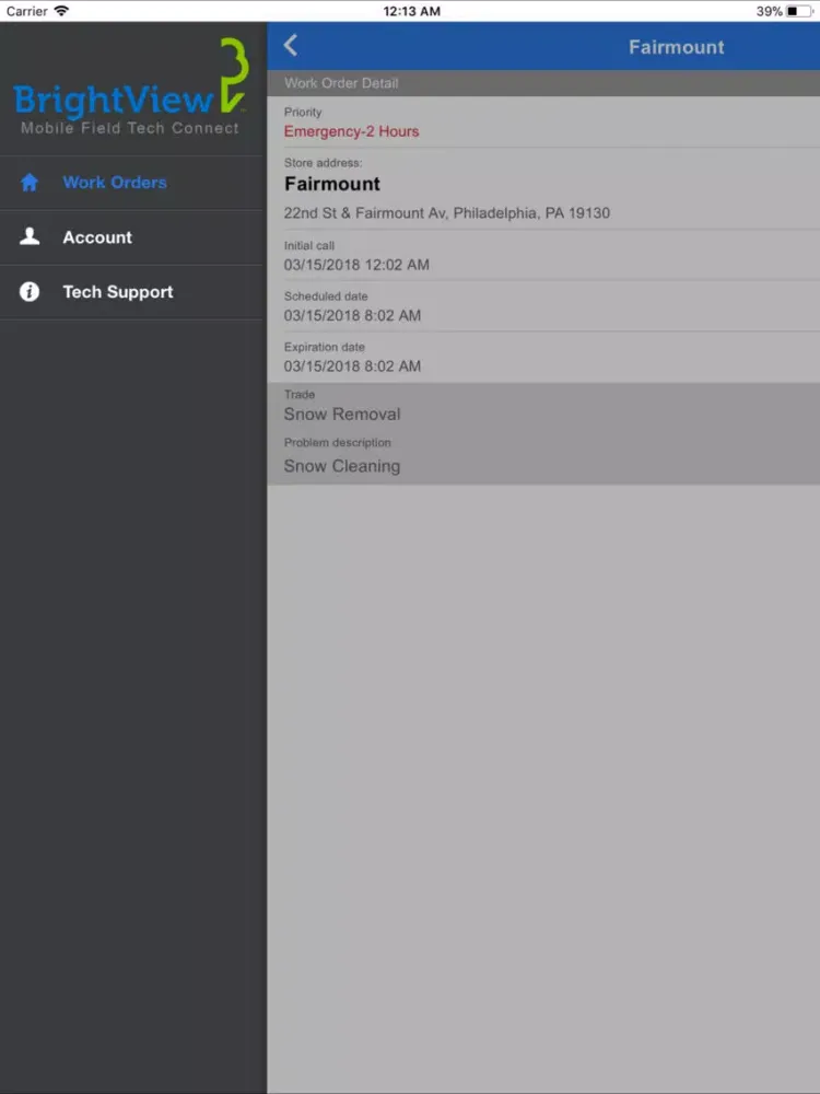 ภาพหน้าจอของ Brightview Field Tech Connect iPad 