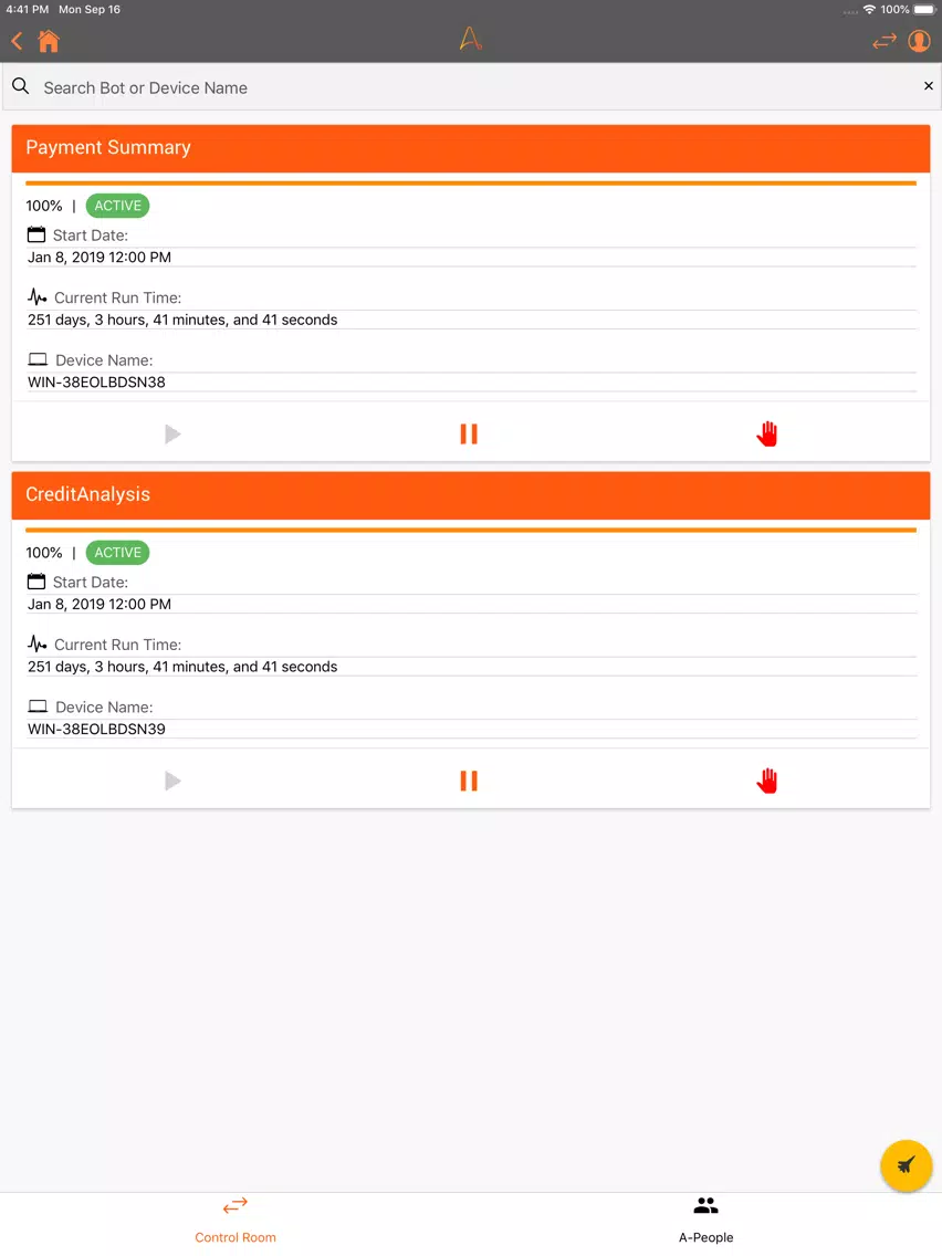 Tangkapan skrin Automation Anywhere Mobile iPad 