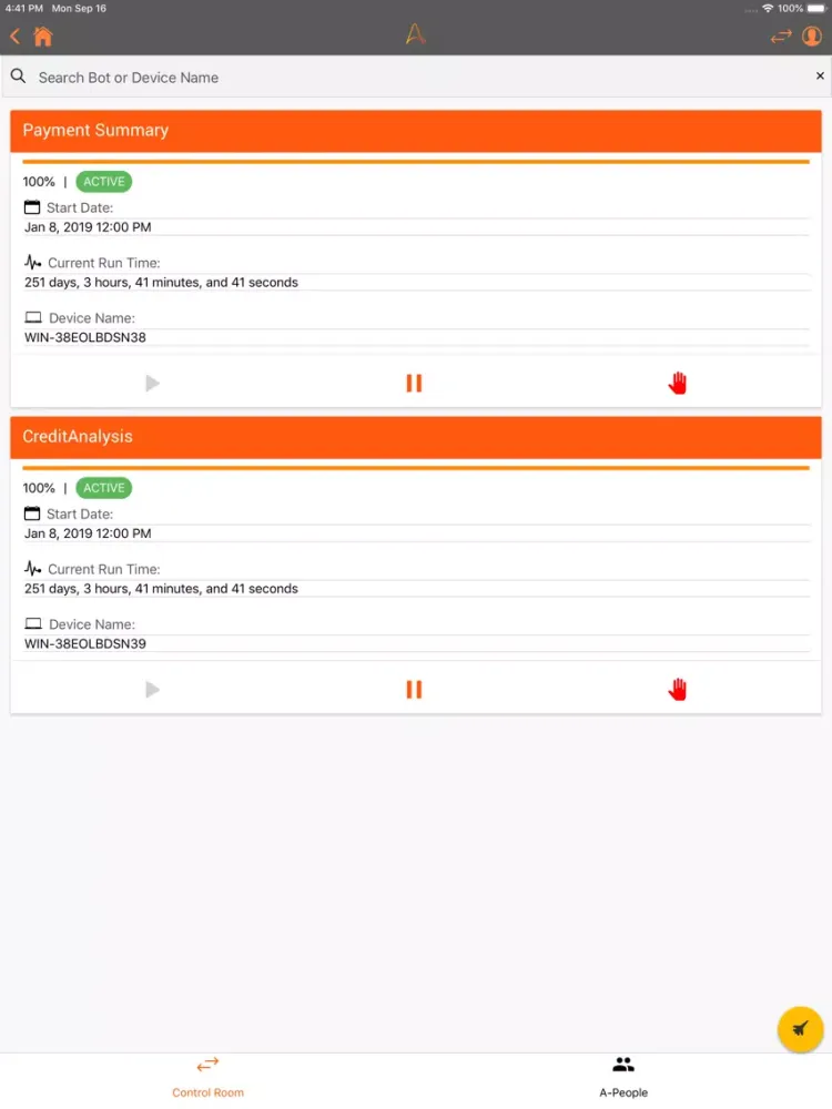 Capturas de tela do Automation Anywhere Mobile iPad 