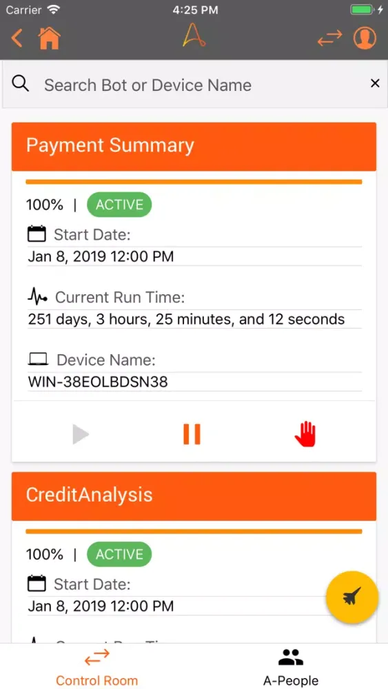 Capturas de tela do Automation Anywhere Mobile