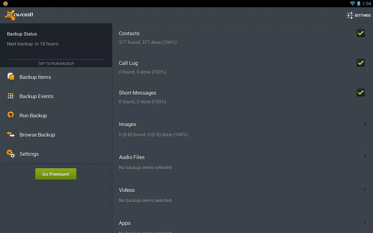 avast! Mobile Backup Ekran Görüntüleri