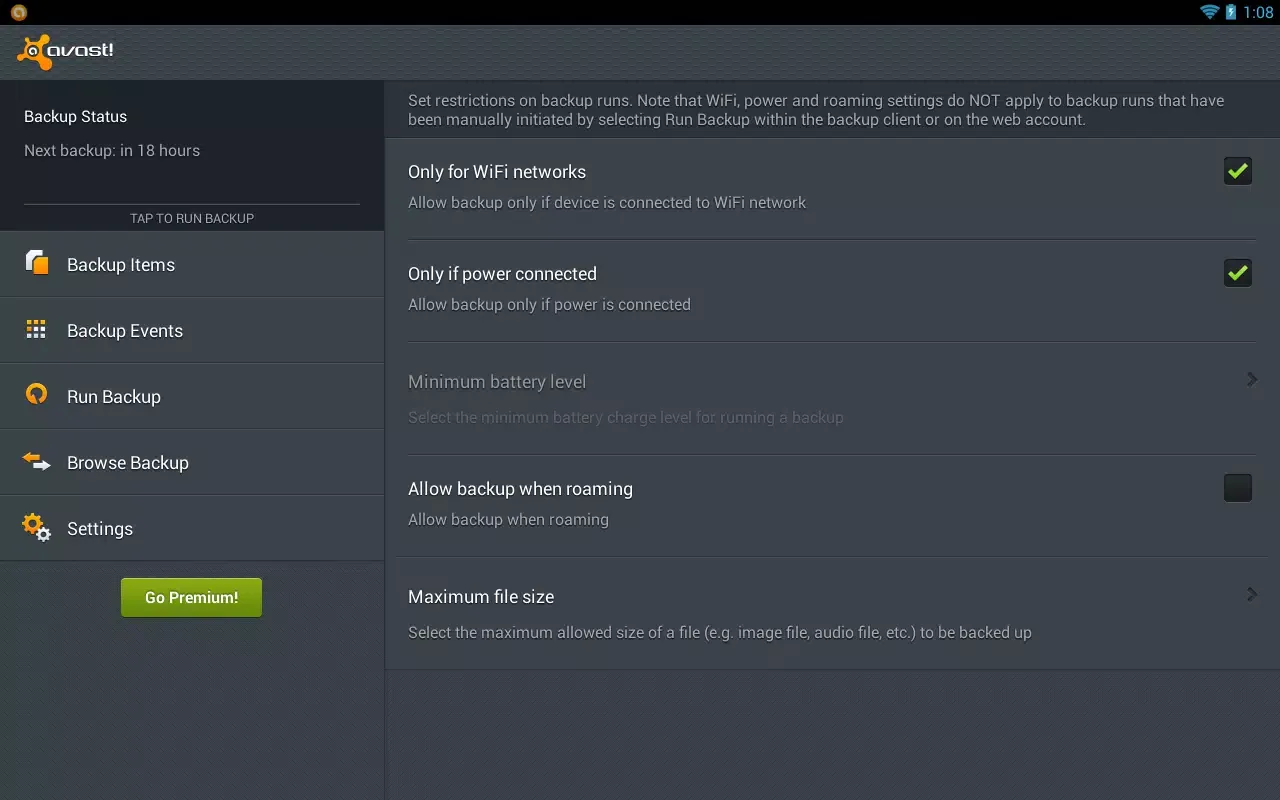 avast! Mobile Backup Ekran Görüntüleri