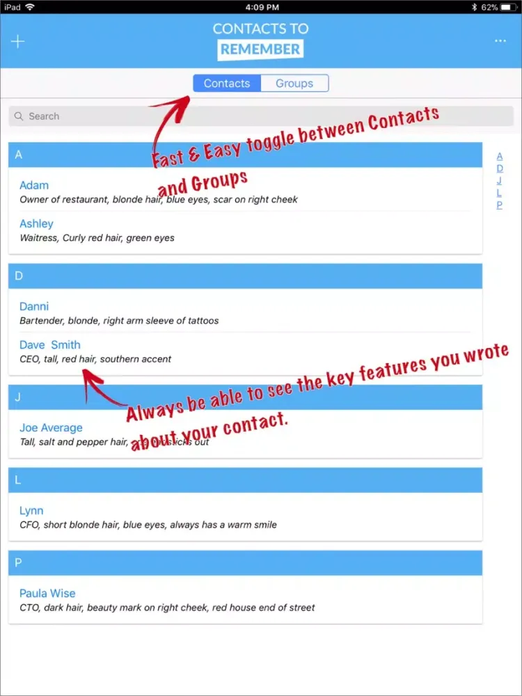 Ảnh chụp màn hình của Contacts to Remember iPad 
