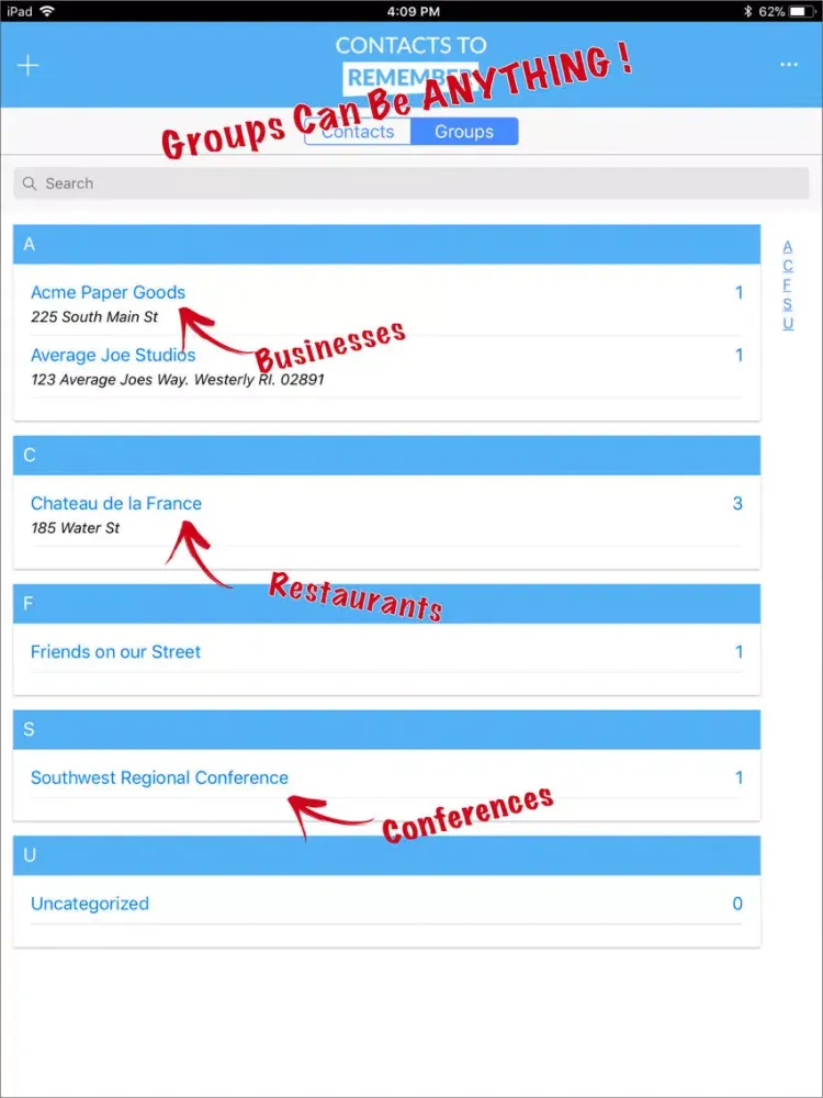 Ảnh chụp màn hình của Contacts to Remember iPad 