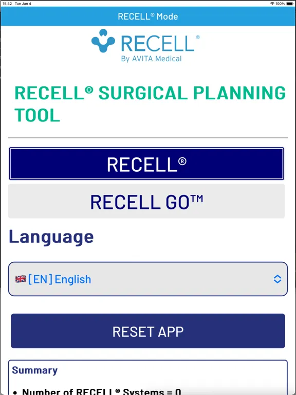 Ảnh chụp màn hình của RECELL® Surgical Planning Tool iPad 